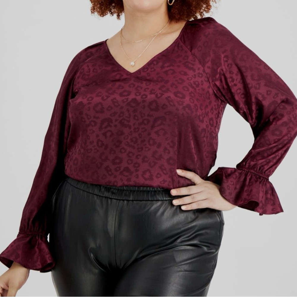 Bar III Women’s Deep Burgundy/Purple Animal Print Long Sleeve Blouse XL - Picture 6 of 6